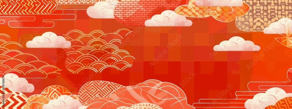 Poster a background of an orange checkered pattern with japanese patterns and clouds in the style of a flat