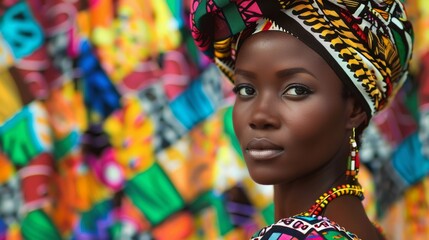 Portrait of an African woman with traditional attire set against a vibrant