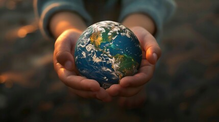 Fototapeta premium 3D visual of a childs hands holding a delicately detailed Earth