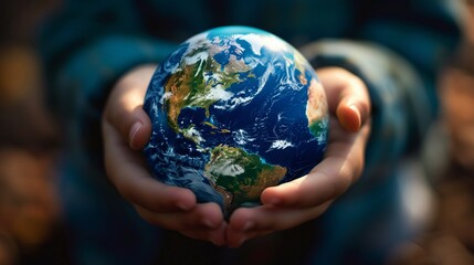3D visual of a childs hands holding a delicately detailed Earth