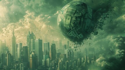 Dystopian Cityscape with Disintegrating Money Globe