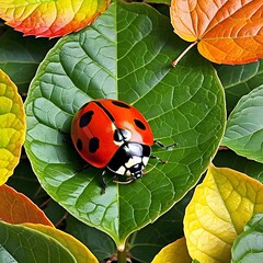 A vibrant lady bug stationed in colorful leaves