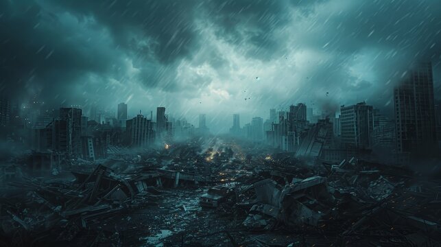 An apocalyptic vision of the Earth post-nuclear war with cities in ruins under a dark stormy sky and ashen rain falling