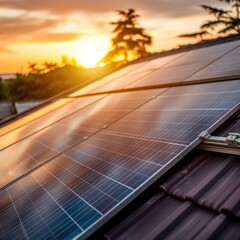 Professional shot of solar cell installation on a rooftop, bathed in bright morning light with bokeh, ideal for green energy