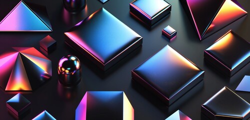 An elegant display of metallic, geometric shapes, each reflecting a different shade of neon light,...