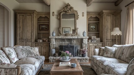 An elegant, French country living room with soft, floral upholstered furniture, distressed wood finishes, and an ornate, vintage mirror above a traditional stone fireplace. 
