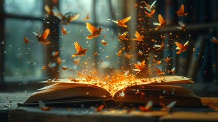 Origami birds flying out of a book, creativity concept, blurred room background