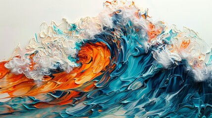a sea of abstract waves in captivating shades of orange, blanc, and blue, each crest and trough meticulously crafted to perfection,