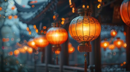 Naklejka premium Close-up of lanterns at an Asian temple, festival night