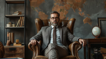 Portrait of handsome businessman sitting on armchair in office and looking at camera