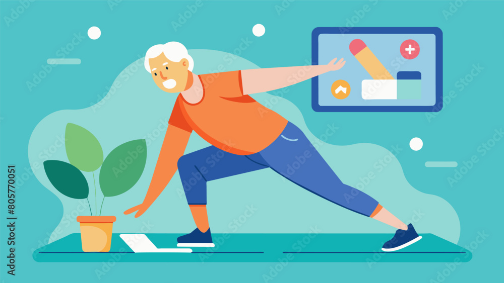 Aufkleber a senior citizen using an interactive fitness app to engage in light exercises and stretches to impr