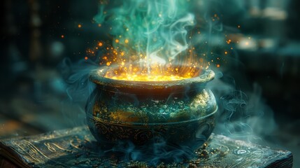 A sorcerer's potion brewing in a cauldron, blurred alchemy books