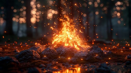 A s'mores campfire with storytelling shadows, blurred enchanted woods