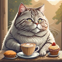 Fat cat wear suit happy headphones drink coffe and delicious food cookies cake snack wallpaper 3D design for T shirt