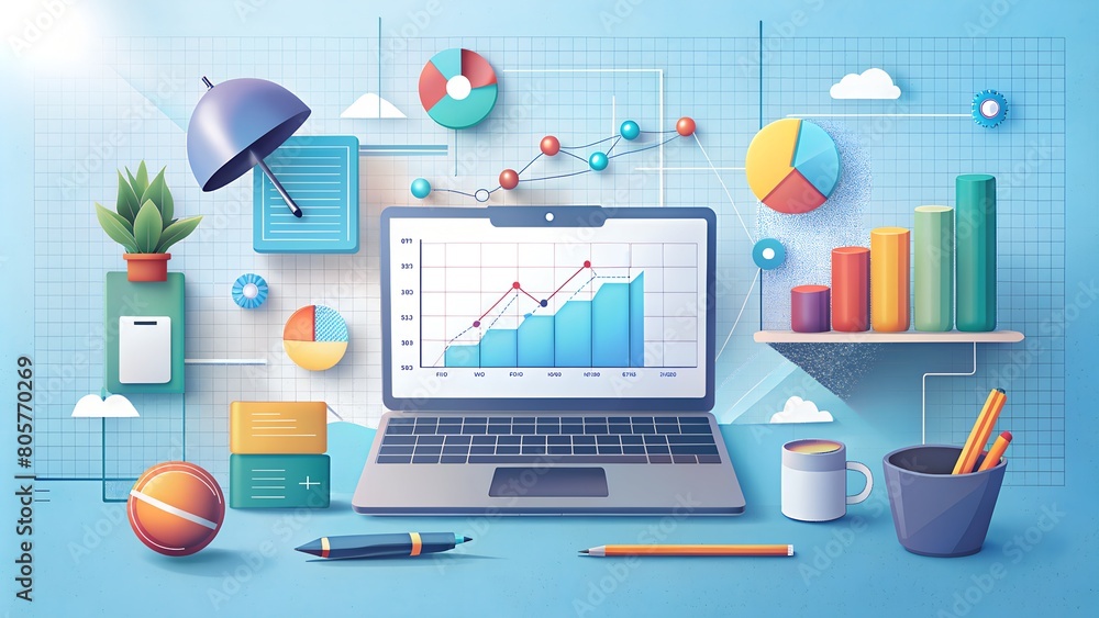Aufkleber transform ideas into action with laptop, charts, graphs, and custom text concept.