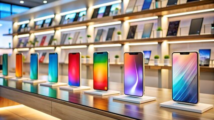 Elevate Retail Experience with Sleek Smartphones Amidst Vibrant Backgrounds in Modern Store Setting