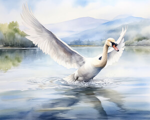 Watercolor painting of Swan are flying out of water. Swan is classified as a duck bird. Used for making wallpaper, posters