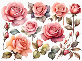 watercolor illustration rose assorted flower collection floral design elements isolated on white background