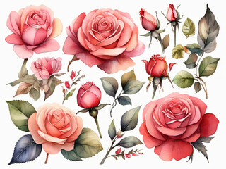 watercolor illustration rose assorted flower collection floral design elements isolated on white background