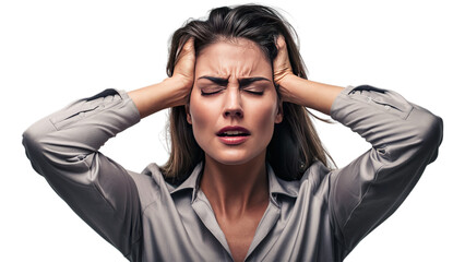 Stressed woman, depressed, tension, pain, anxiety, depression, isolated on transparent background