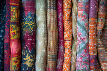 Textured surface of vintage fabric swatches, showcasing retro patterns and tactile textures. Vintage fabric swatch textures offer a nostalgic and tactile backdrop
