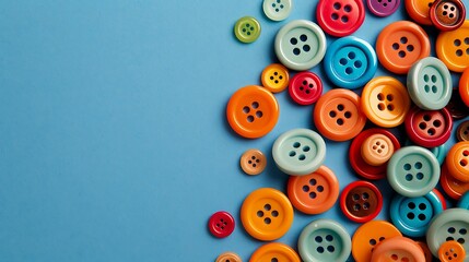 Blue background with colored sewing buttons in the form of a bunch of balls