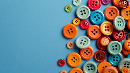 Fototapeta premium Blue background with colored sewing buttons in the form of a bunch of balls