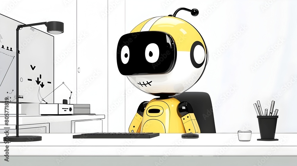 Aufkleber futuristic humanoid assistant working on deep machine learning in workspace