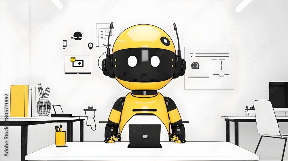 Poster humanoid robot activating future technology application in digital workspace