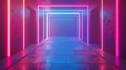 blue pink violet neon abstract background ultraviolet light night club empty room interior tunnel...