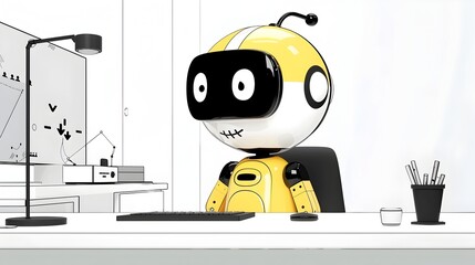 Futuristic Humanoid Assistant Working on Deep Machine Learning in Workspace