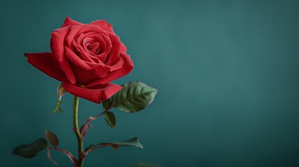 An elegant, single red rose, its petals dew-kissed and vibrant, placed against a solid, deep emerald studio background, capturing the essence of romance and natural beauty.