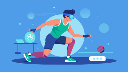 An athlete uses a virtual reality program to rehab and recover from an injury simulating movements and exercises to help strengthen and heal their. Vector illustration