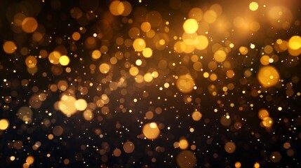 A background of falling gold light particles, with blurred lights and bokeh effects. The background is a dark black color.