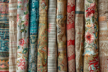 Textured surface of vintage fabric swatches, showcasing retro patterns and tactile textures. Vintage fabric swatch textures offer a nostalgic and tactile backdrop