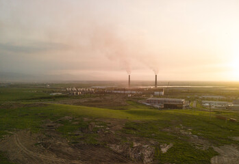 Landscape not far from Almaty with a view of a thermal power plant.