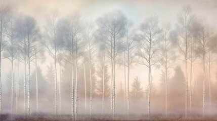 An enchanting wall background featuring an ethereal, forest mural with delicate, silver birch trees against a misty, dawn-colored sky, transporting viewers to a magical woodland. 