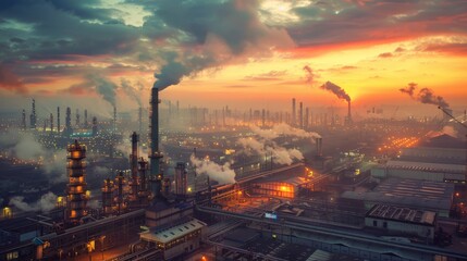 A sprawling industrial complex at dawn, the rising sun casting a golden hue over state-of-the-art facilities, symbolizing the dawn of new innovations in manufacturing and production.