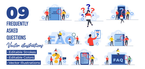 Set of flat illustrations of frequently asked questions concepts, FAQ 