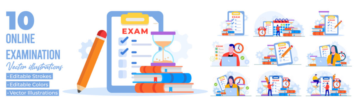 Set of paper test with timer and hourglass, Exam concept flat illustration concept, Examination, Survey, Checklist, Test 