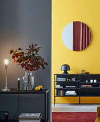 Vibrant chic living room with bold decor and vibrant contrast. Minimalistic interior design luxury composition.