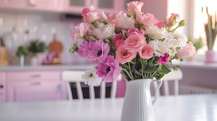 Bouquet of beautiful eustoma flowers on white table in kitchen