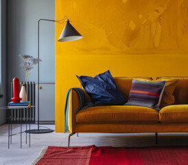 Vibrant chic living room with bold decor and vibrant contrast. Minimalistic interior design luxury composition.