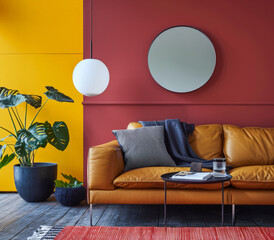 Vibrant chic living room with bold decor and vibrant contrast. Minimalistic interior design luxury composition.