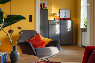 Vibrant chic living room with bold decor and vibrant contrast. Minimalistic interior design luxury composition.