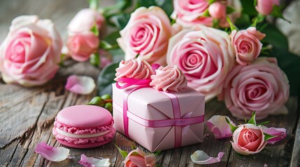 bouquet of pink beautiful roses sweet dessert and gift box on wooden table