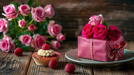 Naklejka premium bouquet of pink beautiful roses sweet dessert and gift box on wooden table