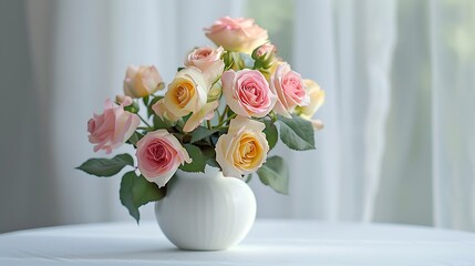 Pink and yellow roses in Modern white vase on white table