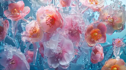 Dive into the surreal beauty of abstract art featuring frozen flowers immersed in ice, water, and milk, their delicate forms suspended in time and captured in stunning detail by an HD camera