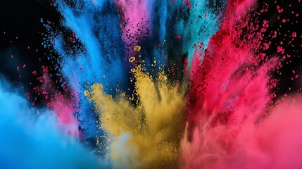 An explosion of colored powder, with vivid pigments of red, blue, yellow, and green suspended in...